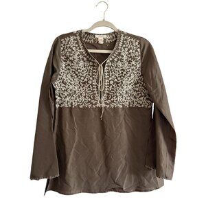 Sundance‎ Women's Brown Silk Embroidered Long Sleeve Top Size 8 Bohemian